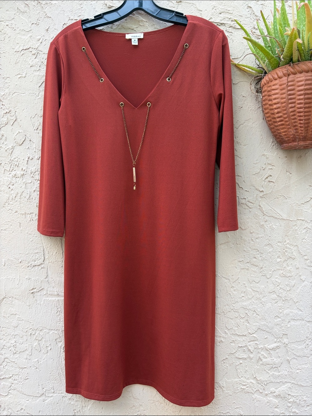 Haani Brick Red V-Neck Long Sleeve Dress with Grommet Chain
